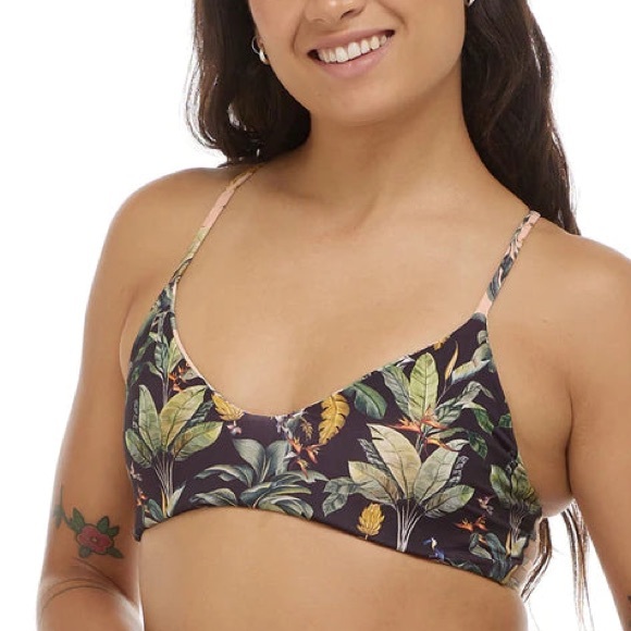 NWT Alani Reversible Bikini Top Black Pale Pink Leaf Print 34B 34C 36B 36C S & M - Picture 3 of 11